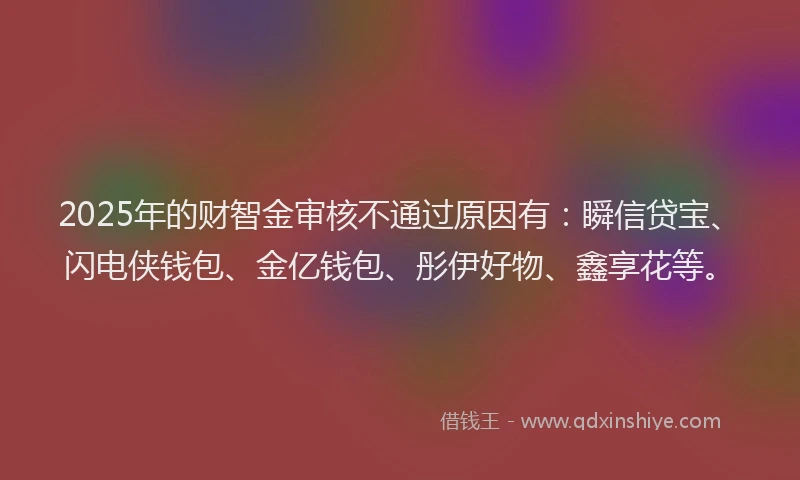2025年的财智金审核不通过原因有：瞬信贷宝、闪电侠钱包、金亿钱包、彤伊好物、鑫享花等。