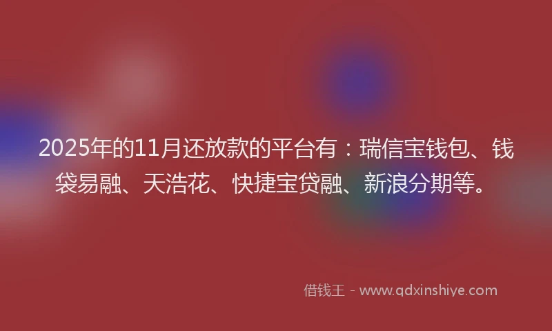 2025年的11月还放款的平台有：瑞信宝钱包、钱袋易融、天浩花、快捷宝贷融、新浪分期等。