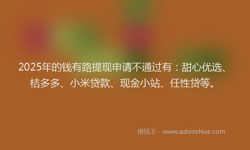 2025年的钱有路提现申请不通过有：甜心优选、桔多多、小米贷款、现金小站、任性贷等。