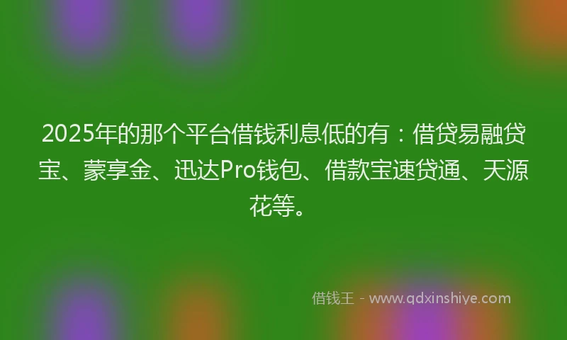 2025年的那个平台借钱利息低的有：借贷易融贷宝、蒙享金、迅达Pro钱包、借款宝速贷通、天源花等。