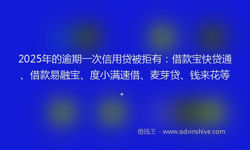 2025年的逾期一次信用贷被拒有：借款宝快贷通、借款易融宝、度小满速借、麦芽贷、钱来花等。
