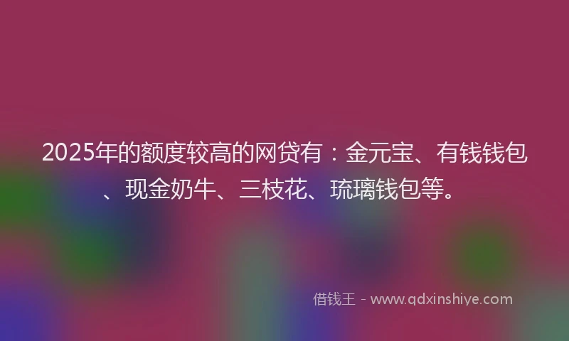 2025年的额度较高的网贷有：金元宝、有钱钱包、现金奶牛、三枝花、琉璃钱包等。