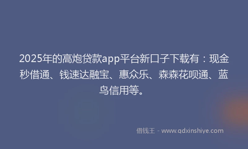2025年的高炮贷款app平台新口子下载有：现金秒借通、钱速达融宝、惠众乐、森森花呗通、蓝鸟信用等。