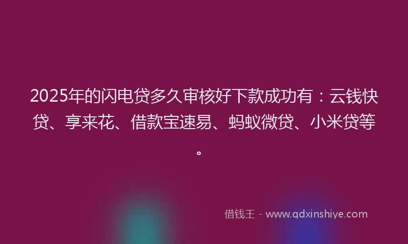 2025年的闪电贷多久审核好下款成功有：云钱快贷、享来花、借款宝速易、蚂蚁微贷、小米贷等。