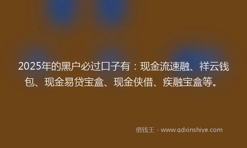 2025年的黑户必过口子有：现金流速融、祥云钱包、现金易贷宝盒、现金侠借、疾融宝盒等。