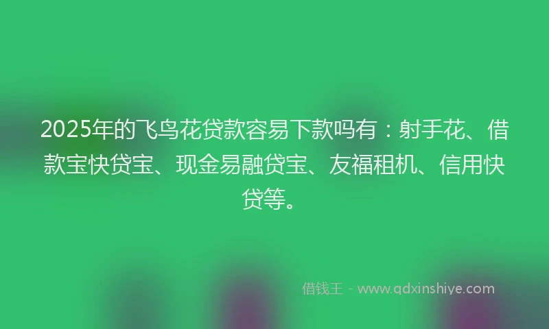 2025年的飞鸟花贷款容易下款吗有：射手花、借款宝快贷宝、现金易融贷宝、友福租机、信用快贷等。