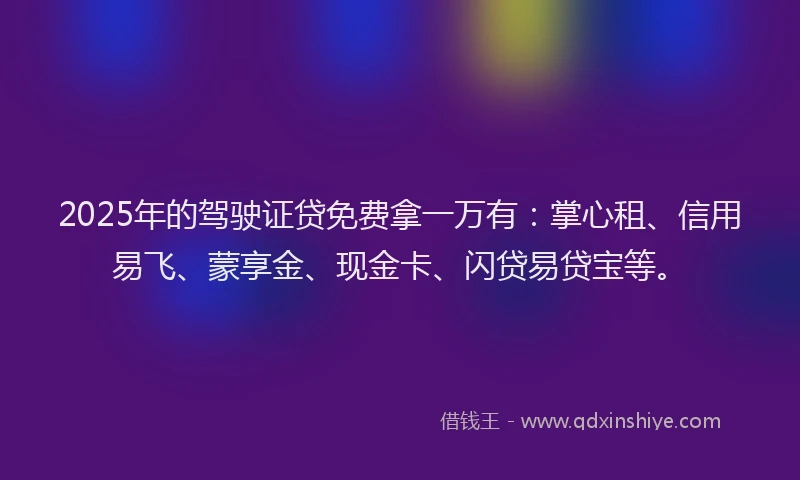 2025年的驾驶证贷免费拿一万有：掌心租、信用易飞、蒙享金、现金卡、闪贷易贷宝等。