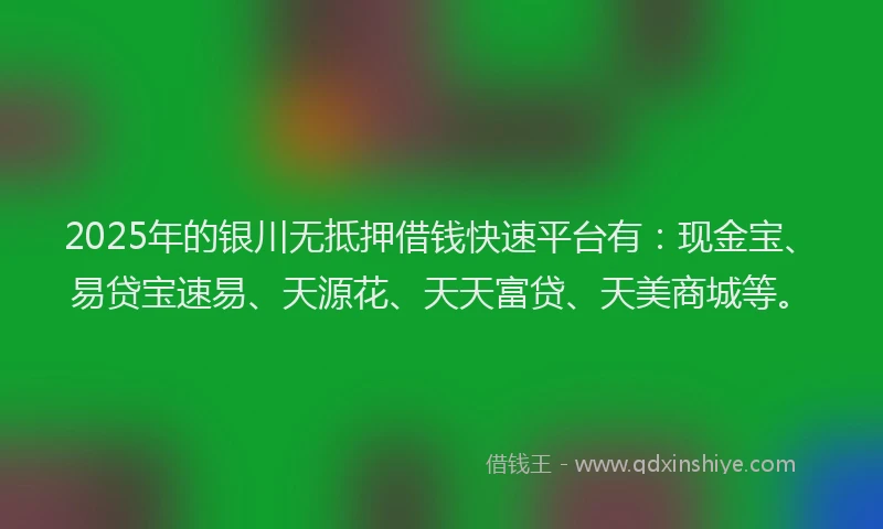 2025年的银川无抵押借钱快速平台有：现金宝、易贷宝速易、天源花、天天富贷、天美商城等。