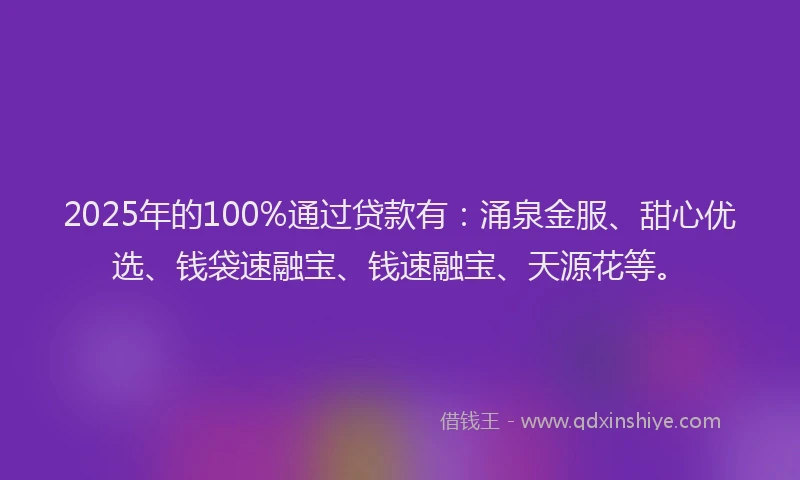 2025年的100%通过贷款有：涌泉金服、甜心优选、钱袋速融宝、钱速融宝、天源花等。