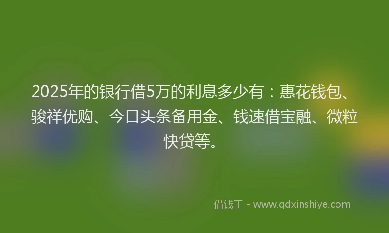 2025年的银行借5万的利息多少有：惠花钱包、骏祥优购、今日头条备用金、钱速借宝融、微粒快贷等。