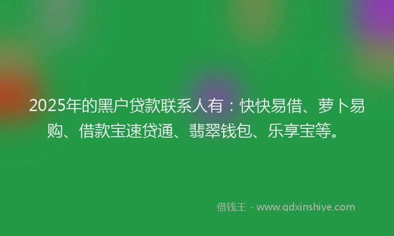 2025年的黑户贷款联系人有：快快易借、萝卜易购、借款宝速贷通、翡翠钱包、乐享宝等。