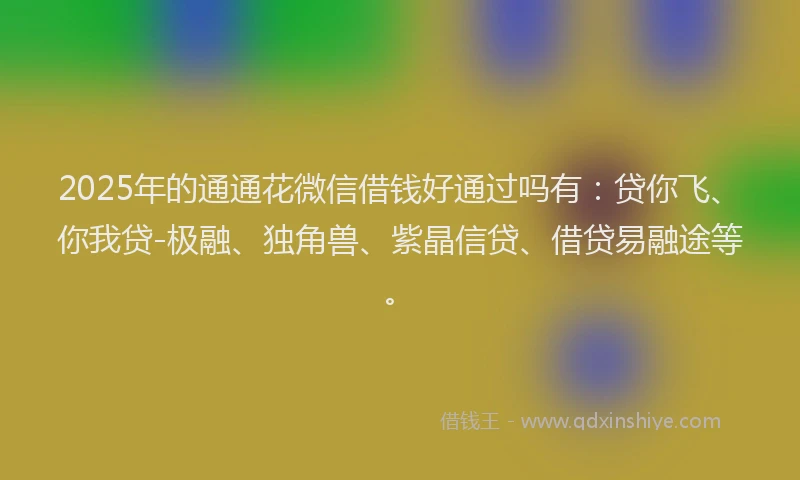 2025年的通通花微信借钱好通过吗有：贷你飞、你我贷-极融、独角兽、紫晶信贷、借贷易融途等。