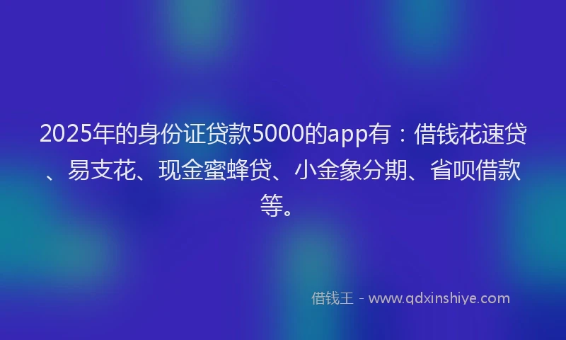 2025年的身份证贷款5000的app有：借钱花速贷、易支花、现金蜜蜂贷、小金象分期、省呗借款等。