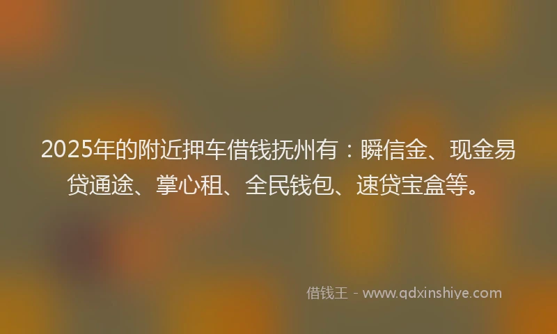 2025年的附近押车借钱抚州有：瞬信金、现金易贷通途、掌心租、全民钱包、速贷宝盒等。