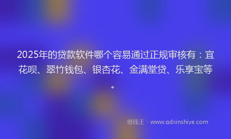 2025年的贷款软件哪个容易通过正规审核有：宜花呗、翠竹钱包、银杏花、金满堂贷、乐享宝等。