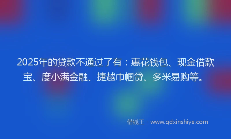 2025年的贷款不通过了有：惠花钱包、现金借款宝、度小满金融、捷越巾帼贷、多米易购等。