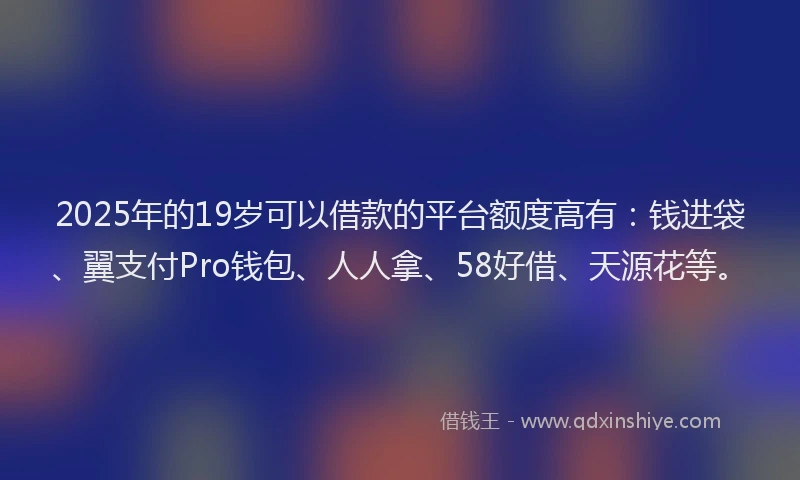 2025年的19岁可以借款的平台额度高有：钱进袋、翼支付Pro钱包、人人拿、58好借、天源花等。