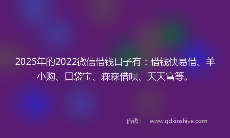 2025年的2022微信借钱口子有：借钱快易借、羊小购、口袋宝、森森借呗、天天富等。