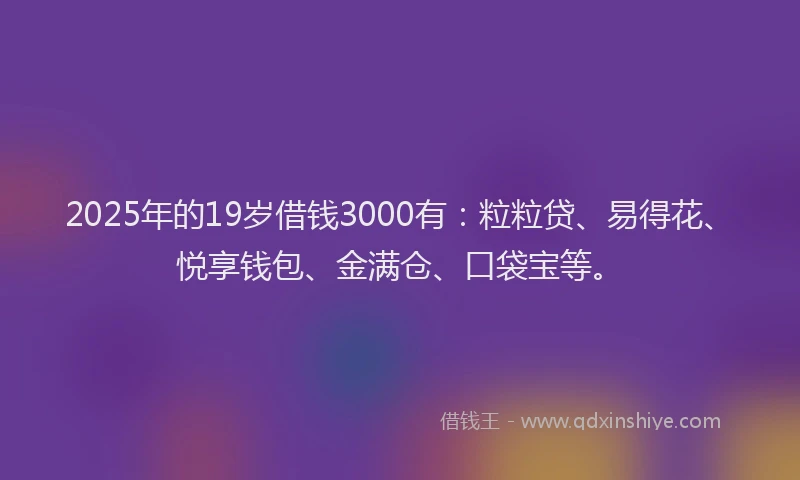 2025年的19岁借钱3000有：粒粒贷、易得花、悦享钱包、金满仓、口袋宝等。