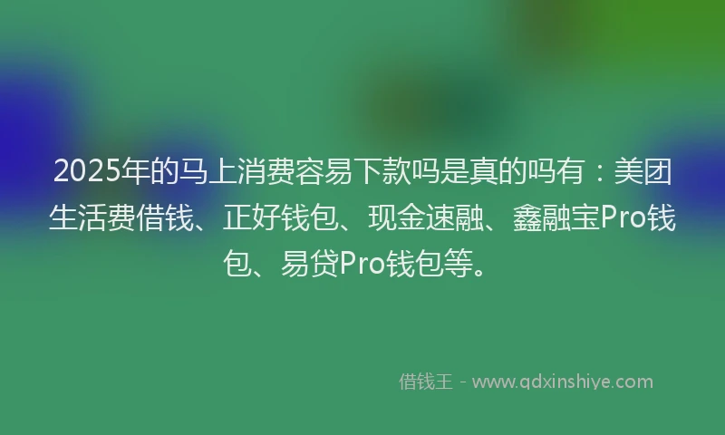 2025年的马上消费容易下款吗是真的吗有：美团生活费借钱、正好钱包、现金速融、鑫融宝Pro钱包、易贷Pro钱包等。