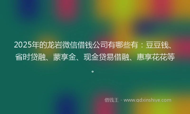 2025年的龙岩微信借钱公司有哪些有：豆豆钱、省时贷融、蒙享金、现金贷易借融、惠享花花等。