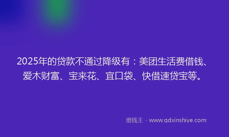 2025年的贷款不通过降级有：美团生活费借钱、爱木财富、宝来花、宜口袋、快借速贷宝等。