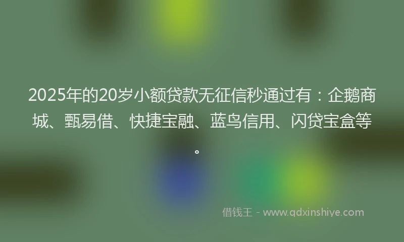 2025年的20岁小额贷款无征信秒通过有：企鹅商城、甄易借、快捷宝融、蓝鸟信用、闪贷宝盒等。