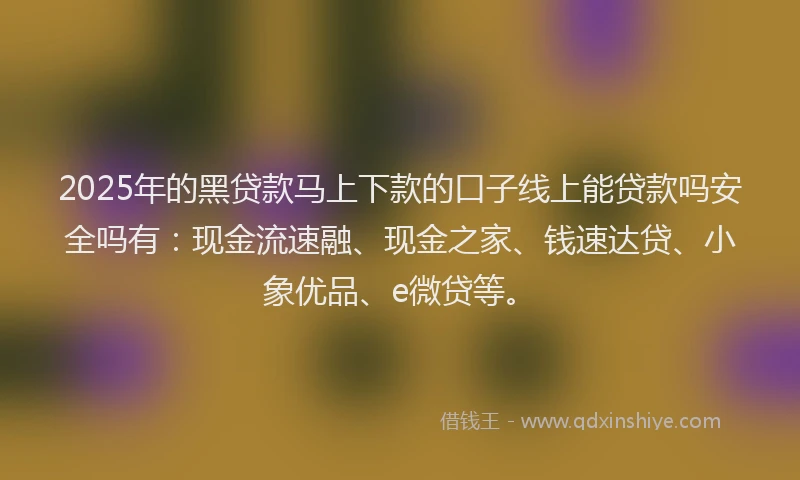 2025年的黑贷款马上下款的口子线上能贷款吗安全吗有：现金流速融、现金之家、钱速达贷、小象优品、e微贷等。