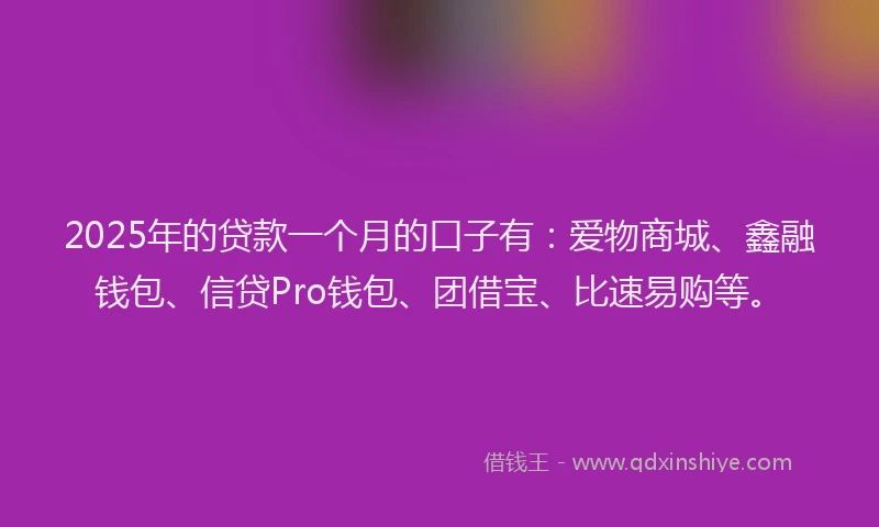 2025年的贷款一个月的口子有：爱物商城、鑫融钱包、信贷Pro钱包、团借宝、比速易购等。