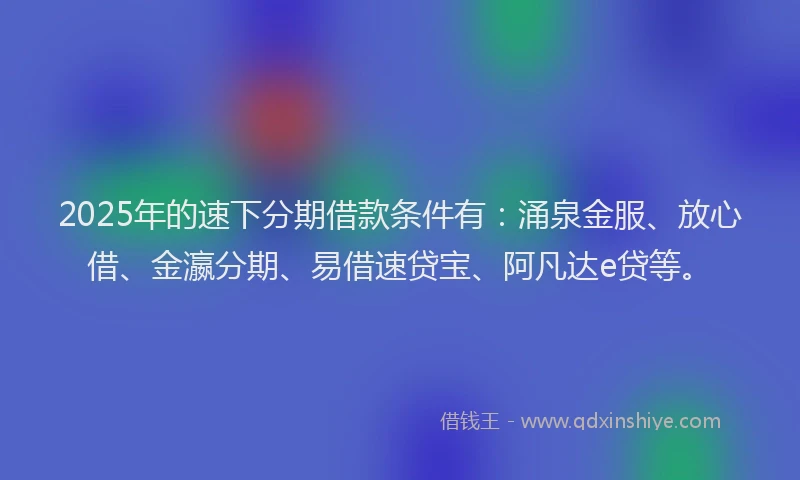 2025年的速下分期借款条件有：涌泉金服、放心借、金瀛分期、易借速贷宝、阿凡达e贷等。
