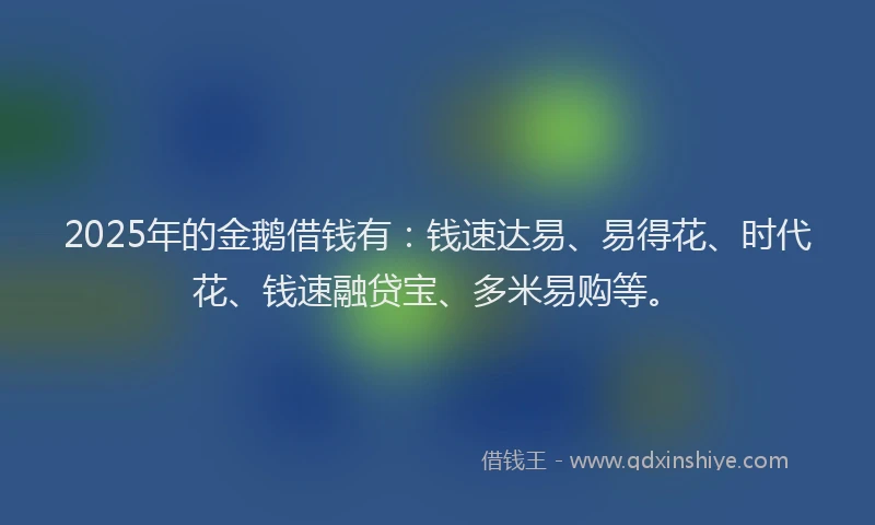 2025年的金鹅借钱有：钱速达易、易得花、时代花、钱速融贷宝、多米易购等。