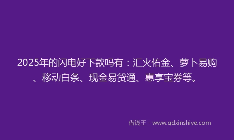 2025年的闪电好下款吗有：汇火佑金、萝卜易购、移动白条、现金易贷通、惠享宝券等。