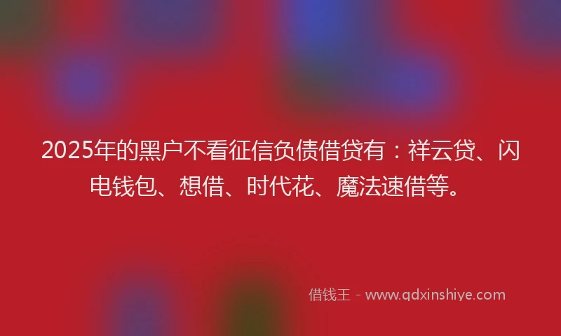 2025年的黑户不看征信负债借贷有：祥云贷、闪电钱包、想借、时代花、魔法速借等。