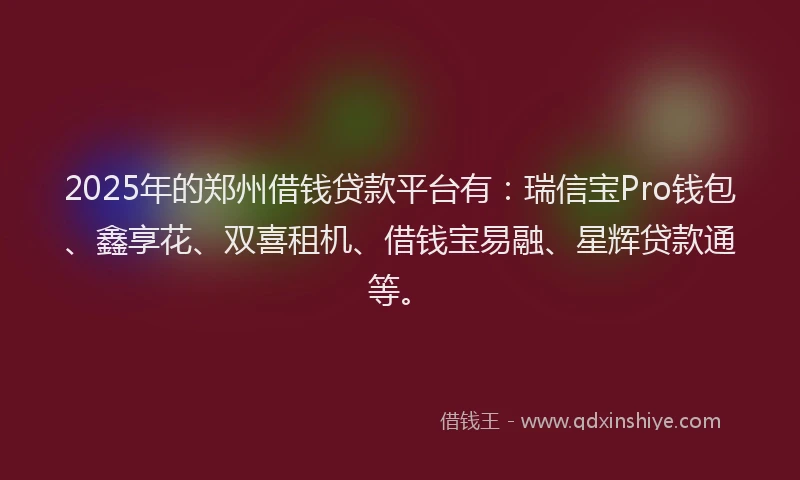 2025年的郑州借钱贷款平台有：瑞信宝Pro钱包、鑫享花、双喜租机、借钱宝易融、星辉贷款通等。