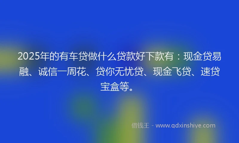 2025年的有车贷做什么贷款好下款有：现金贷易融、诚信一周花、贷你无忧贷、现金飞贷、速贷宝盒等。