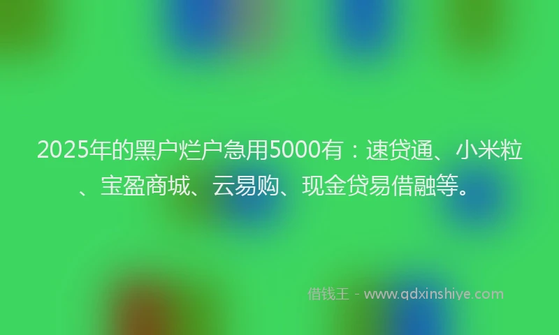 2025年的黑户烂户急用5000有：速贷通、小米粒、宝盈商城、云易购、现金贷易借融等。