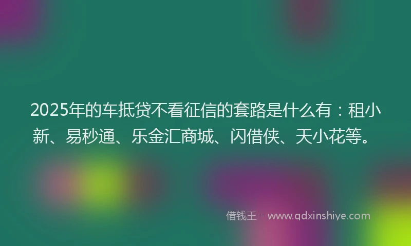 2025年的车抵贷不看征信的套路是什么有：租小新、易秒通、乐金汇商城、闪借侠、天小花等。