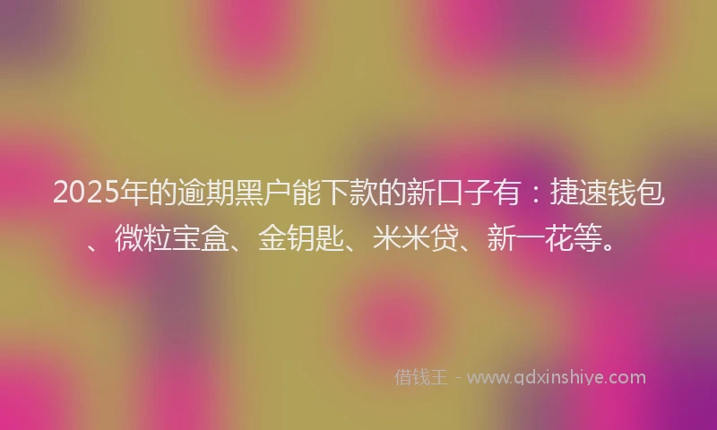 2025年的逾期黑户能下款的新口子有：捷速钱包、微粒宝盒、金钥匙、米米贷、新一花等。
