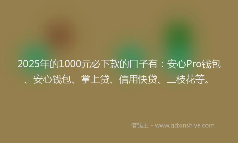 2025年的1000元必下款的口子有：安心Pro钱包、安心钱包、掌上贷、信用快贷、三枝花等。