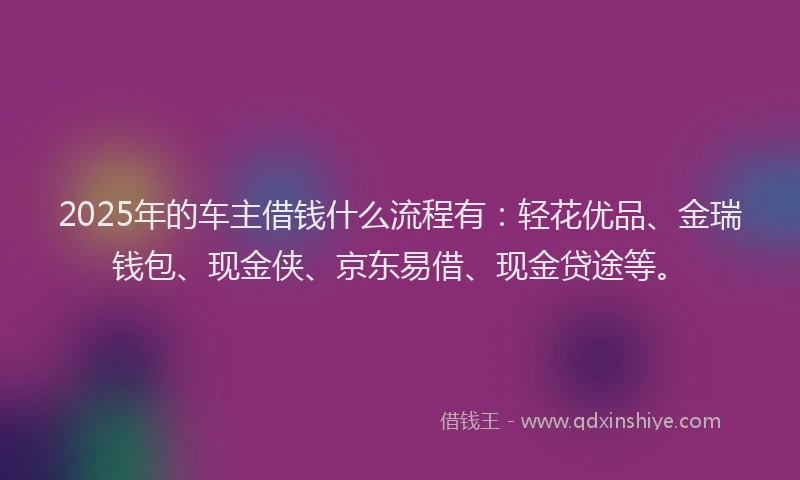 2025年的车主借钱什么流程有：轻花优品、金瑞钱包、现金侠、京东易借、现金贷途等。