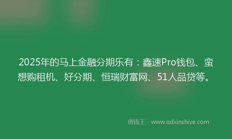 2025年的马上金融分期乐有：鑫速Pro钱包、蛮想购租机、好分期、恒瑞财富网、51人品贷等。