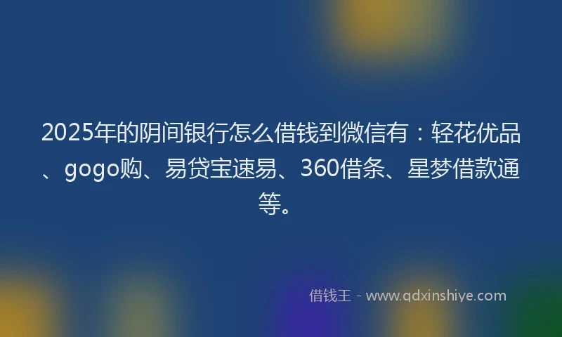 2025年的阴间银行怎么借钱到微信有：轻花优品、gogo购、易贷宝速易、360借条、星梦借款通等。