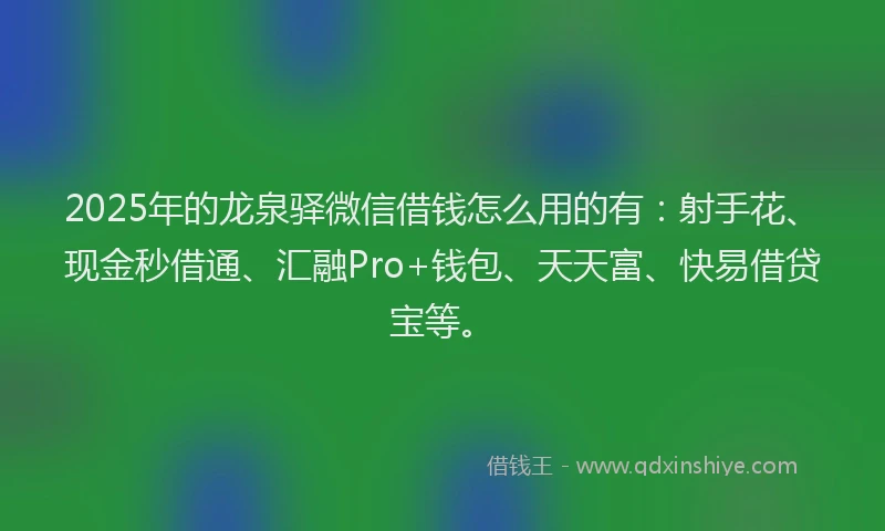 2025年的龙泉驿微信借钱怎么用的有：射手花、现金秒借通、汇融Pro+钱包、天天富、快易借贷宝等。