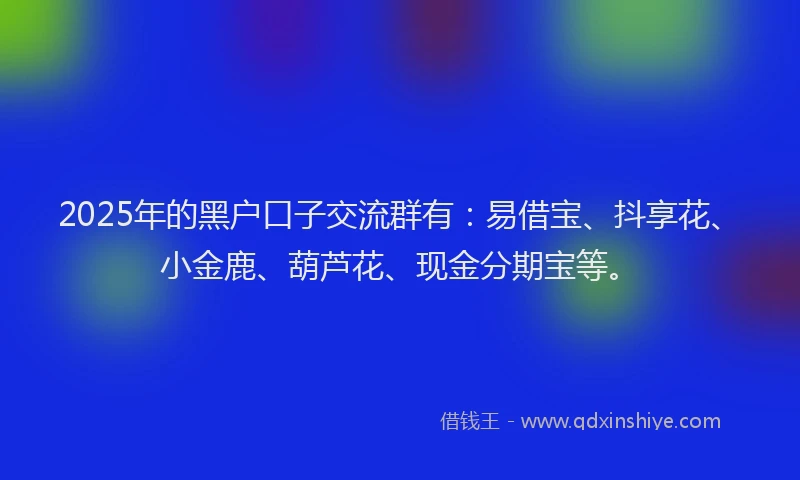 2025年的黑户口子交流群有：易借宝、抖享花、小金鹿、葫芦花、现金分期宝等。