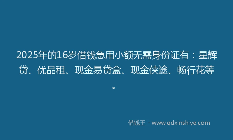 2025年的16岁借钱急用小额无需身份证有：星辉贷、优品租、现金易贷盒、现金侠途、畅行花等。