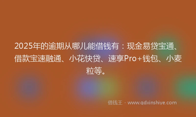 2025年的逾期从哪儿能借钱有：现金易贷宝通、借款宝速融通、小花快贷、速享Pro+钱包、小麦粒等。