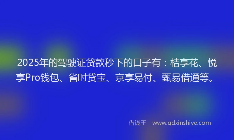 2025年的驾驶证贷款秒下的口子有：桔享花、悦享Pro钱包、省时贷宝、京享易付、甄易借通等。