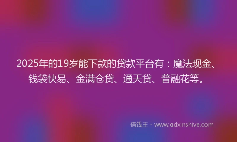 2025年的19岁能下款的贷款平台有：魔法现金、钱袋快易、金满仓贷、通天贷、普融花等。