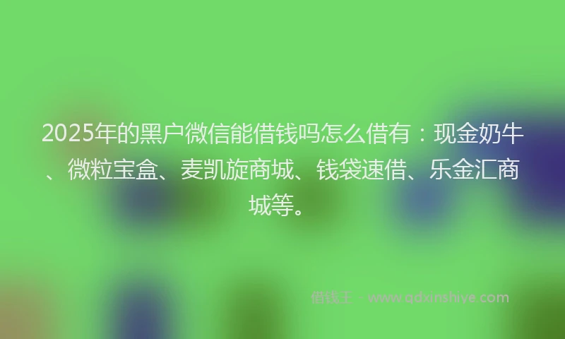 2025年的黑户微信能借钱吗怎么借有：现金奶牛、微粒宝盒、麦凯旋商城、钱袋速借、乐金汇商城等。