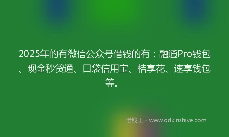 2025年的有微信公众号借钱的有：融通Pro钱包、现金秒贷通、口袋信用宝、桔享花、速享钱包等。